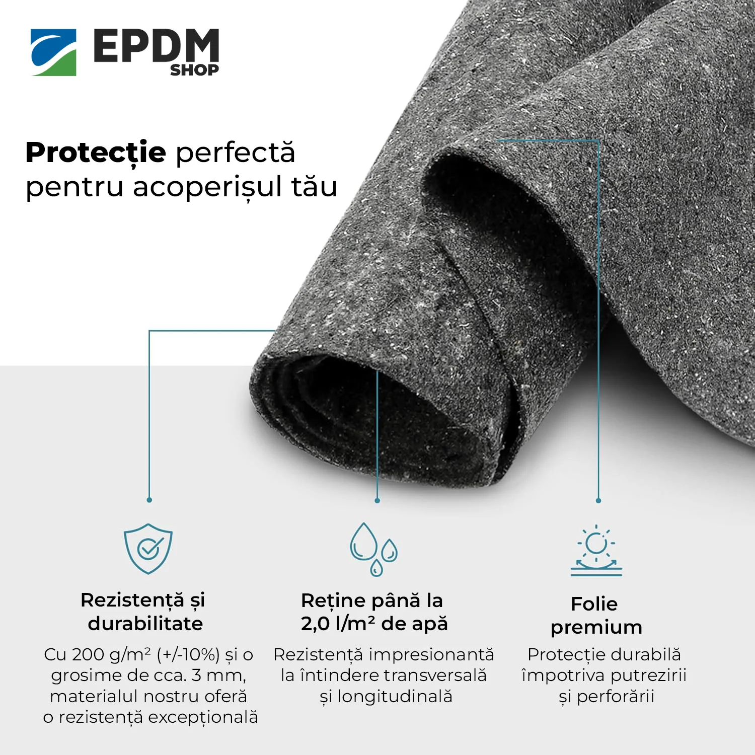 Geotextil 200 g/mp poliester nețesut pentru protecție membrană acoperiș și filtrare apă